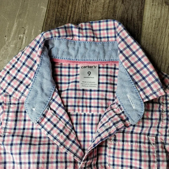 Carter's Baby Boy Size 9m Pink and Blue Plaid 100% Cotton Button Down Shirt - Picture 3 of 13